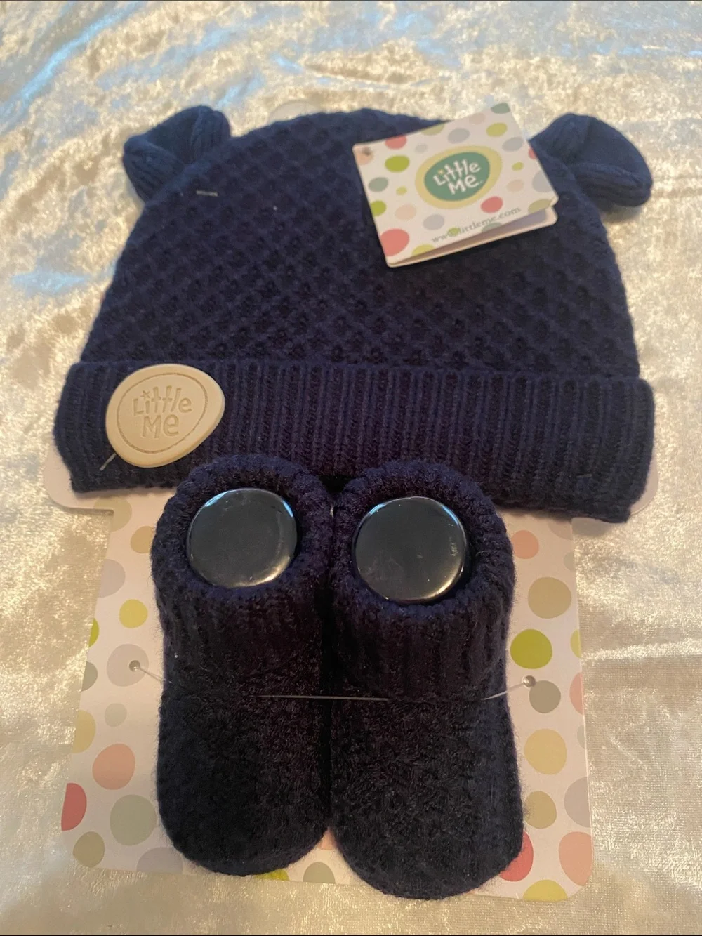 Little Me Navy Knit Hat with Ear Details and Matching Booties